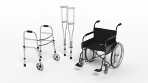 disability wheelchair, crutch and metallic walker isolated on white